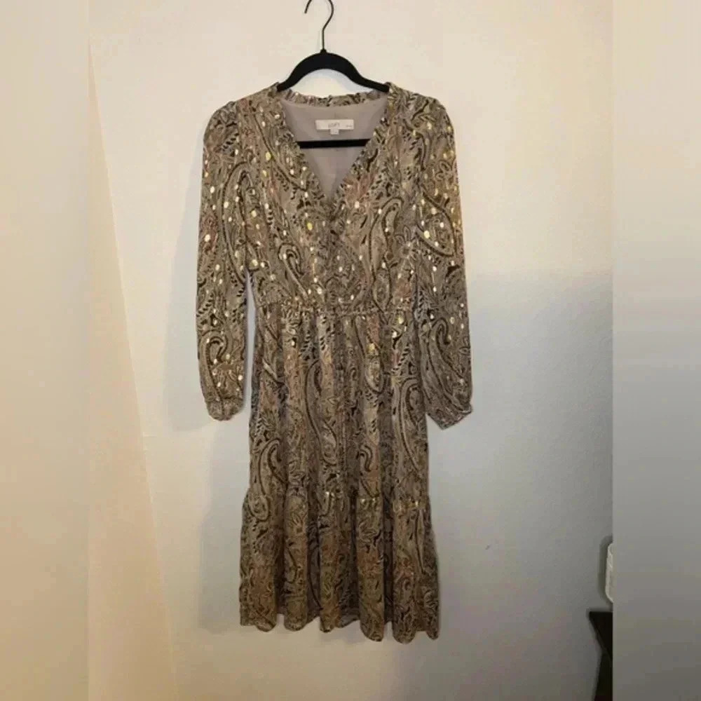 LOFT Paisley Midi Dress in Gold and Brown